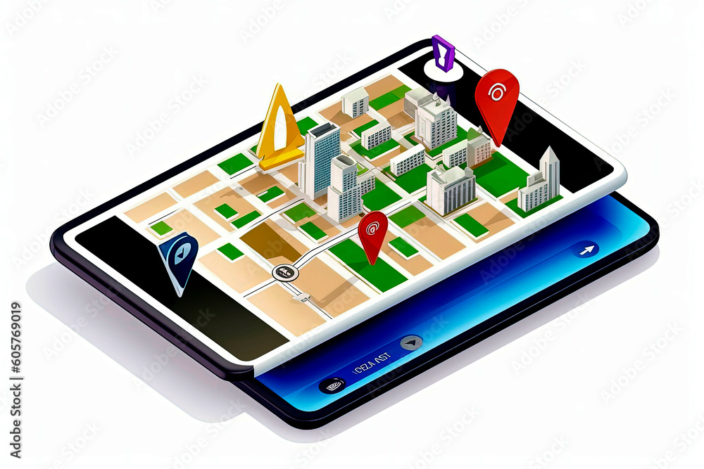 Generative AI illustration of City map route navigation online on smartphone with point locator, City isometric plan with road and buildings Generative AI illustration of City map route navigation online on smartphone with point locator, City isometric plan with road and buildings