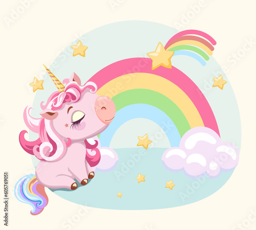 Painted cute pink baby unicorn dreaming looking rainbow and star. Cartoon style drawing. Template design for baby shower, birthday, party, greeting card, invitation. Vector illustration. 