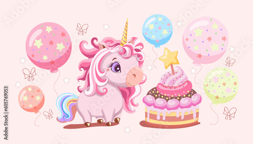 Painted cute pink baby unicorn with cake, bows and balloons. cartoon style. Template design for baby shower, birthday, party, greeting card, invitation. Vector illustration © Ольга Федоренко