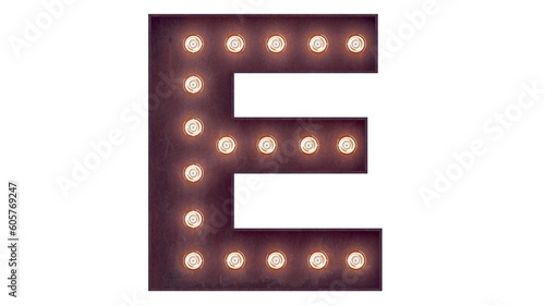 Light bulb glowing letter alphabet character E font. Front view illuminated capital symbol on transparent background. 3d rendering illustration. casino letters.