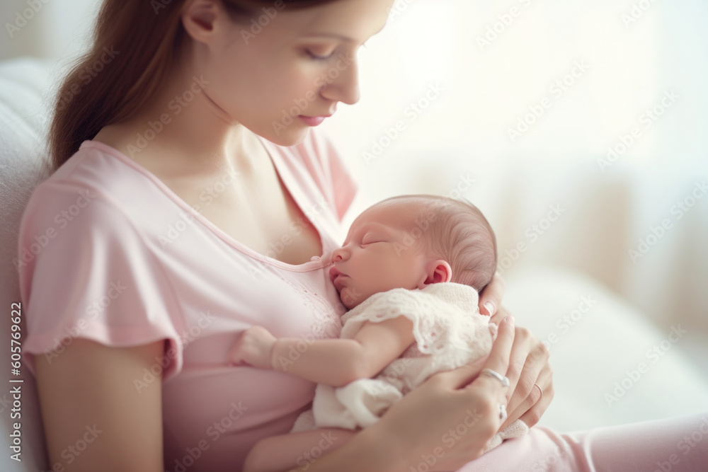 Beautiful young mother with her newborn baby on a light background. Generative AI. Beautiful young mother with her newborn baby on a light background. Generative AI.