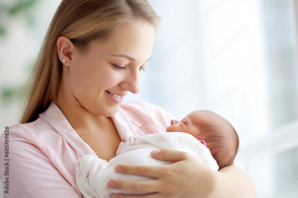 Portrait of happy mother holding her newborn baby. Generative AI. Portrait of happy mother holding her newborn baby. Generative AI.