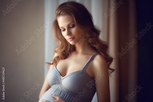 Portrait of beautiful young pregnant woman in lingerie at home. Generative AI.