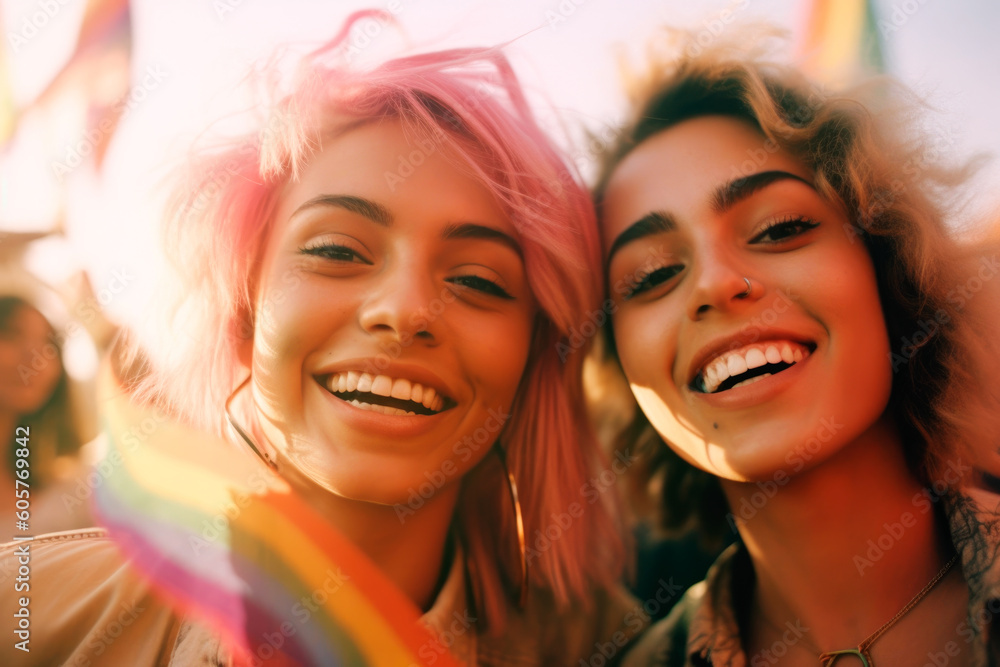 Fototapeta premium Group of Best Friends are Waving Rainbow Flags Smiling and Showing Happiness where people are Attending to the Gay Pride. generative ai