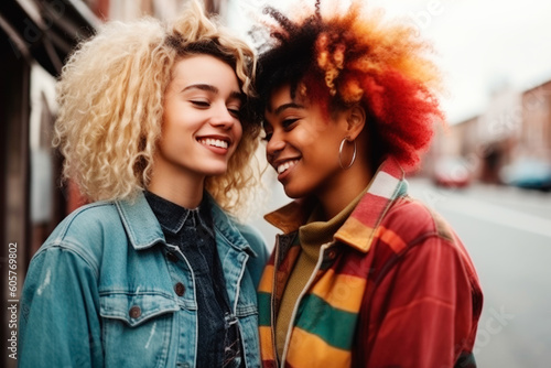 Two afro girls smiling on gay pride day. generative ai