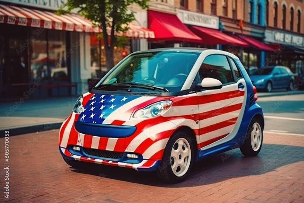 Small electric car on the street of a city, painted in the colors of the American flag Generative AI