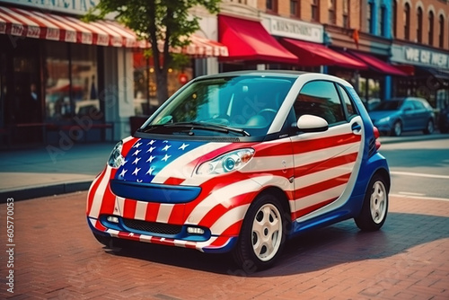 Small electric car on the street of a city, painted in the colors of the American flag Generative AI