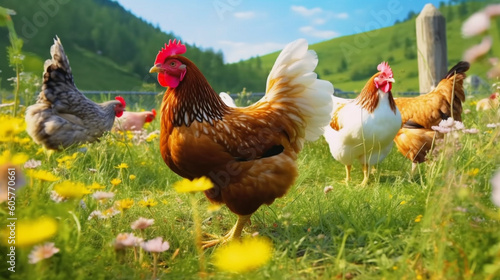 Chicken in the meadow on a sunny summer day with flowers. Natural healthy food and organic farming concept.