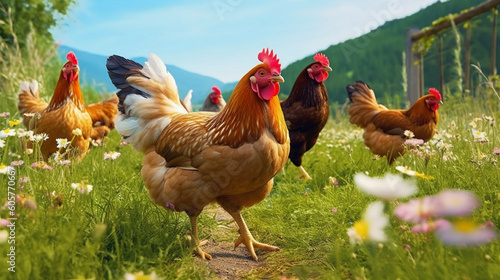 Chickens on a green meadow in front of a mountain range,rural scene.
Natural healthy food and organic farming concept.
