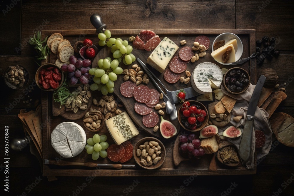 Assorted meats, cheeses, & appetizers on a dark wood tray (top view). Generative AI