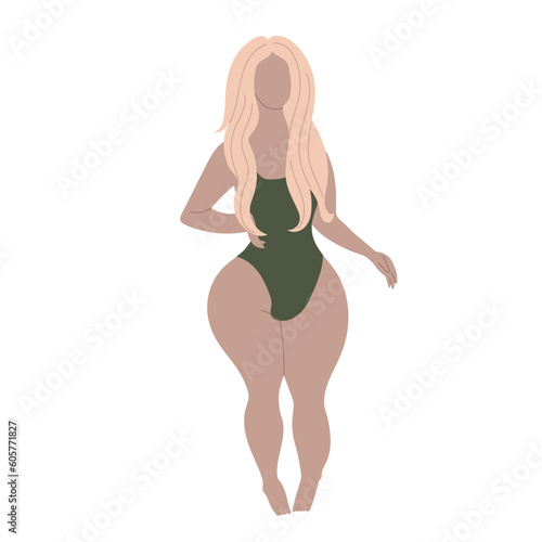 Blonde curvy woman isolated on white background.