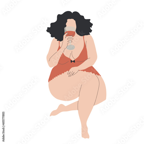 Curvy brunette drinking wine isolated on white background.
