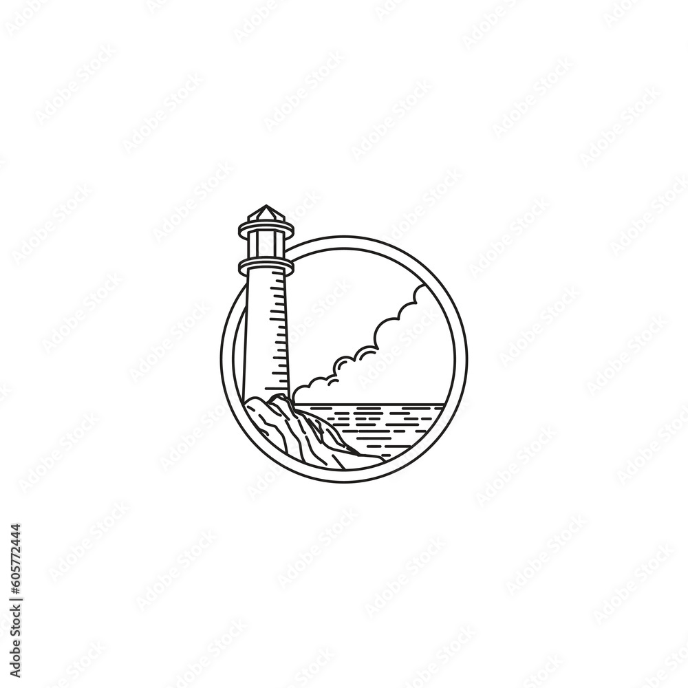 line art logo illustration.
lighthouse on the coast cloudy sky.
monoline design isolated on circle in white background.