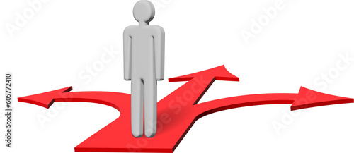Three-way arrow icon. A man stands on Arrows pointing in different directions. Choice, option, opportunity, split, road, choose, business success concept. Goal setting, choosing alternative path.