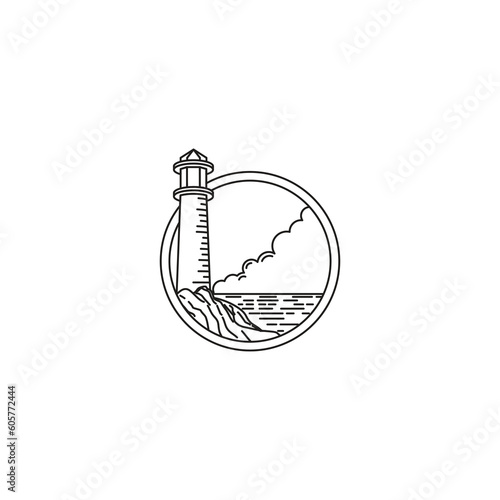 line art logo illustration. lighthouse on the coast cloudy sky. monoline design isolated on circle in white background.