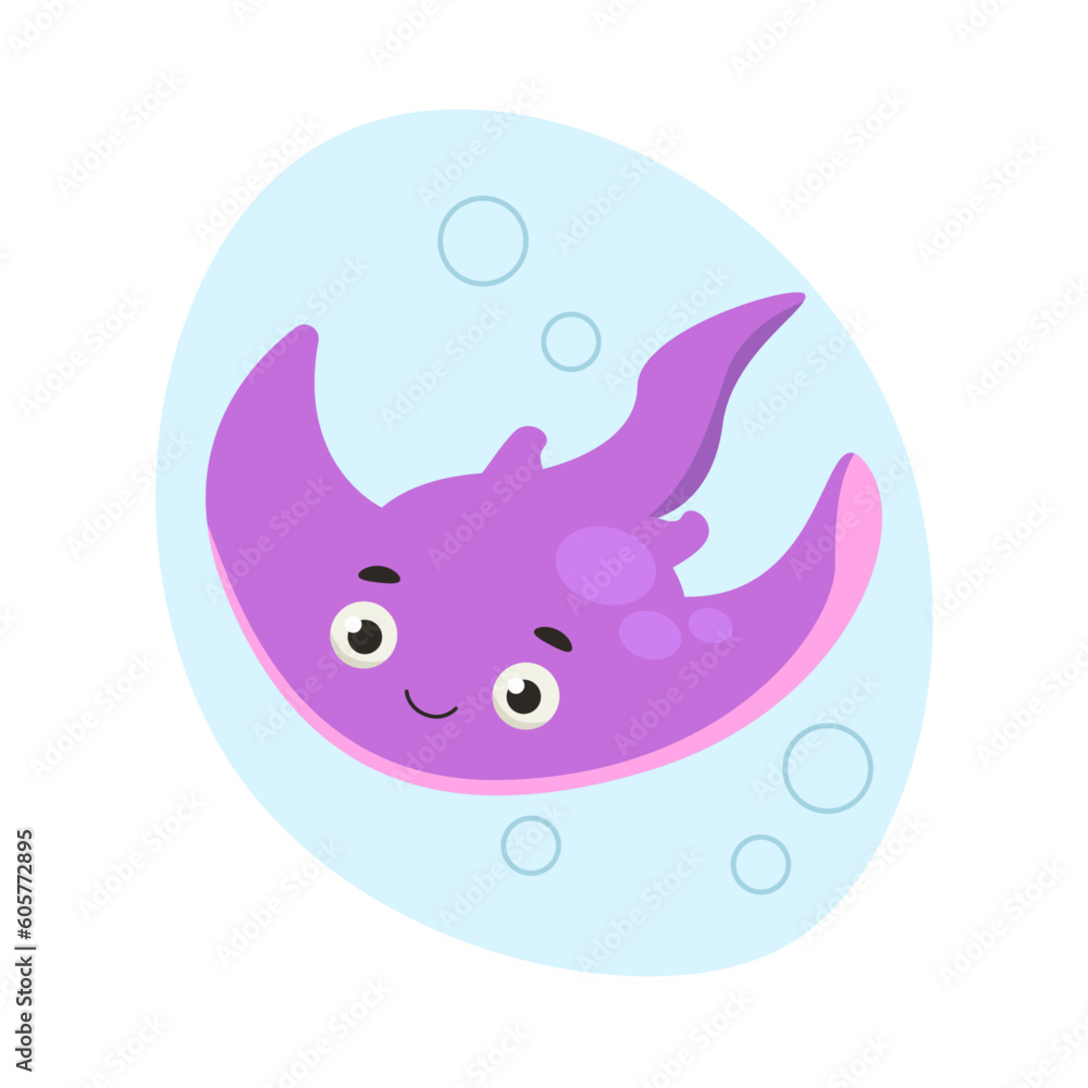 Obraz premium Cute stingray swims in the water. Sea life. Vector graphic.