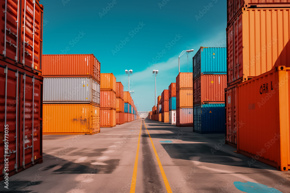 massive container ships lined up at an industrial port, their decks filled with neatly arranged cargo containers, representing the interconnectedness of global commerce. generative AI. - obrazy, fototapety, plakaty 