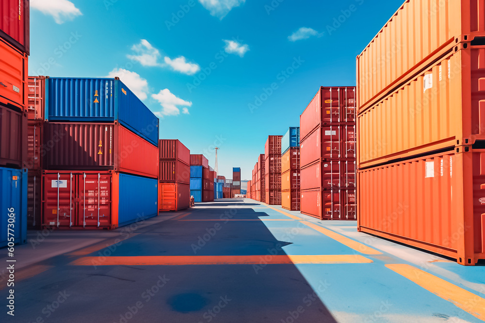 Fototapeta premium massive container ships lined up at an industrial port, their decks filled with neatly arranged cargo containers, representing the interconnectedness of global commerce. generative AI.