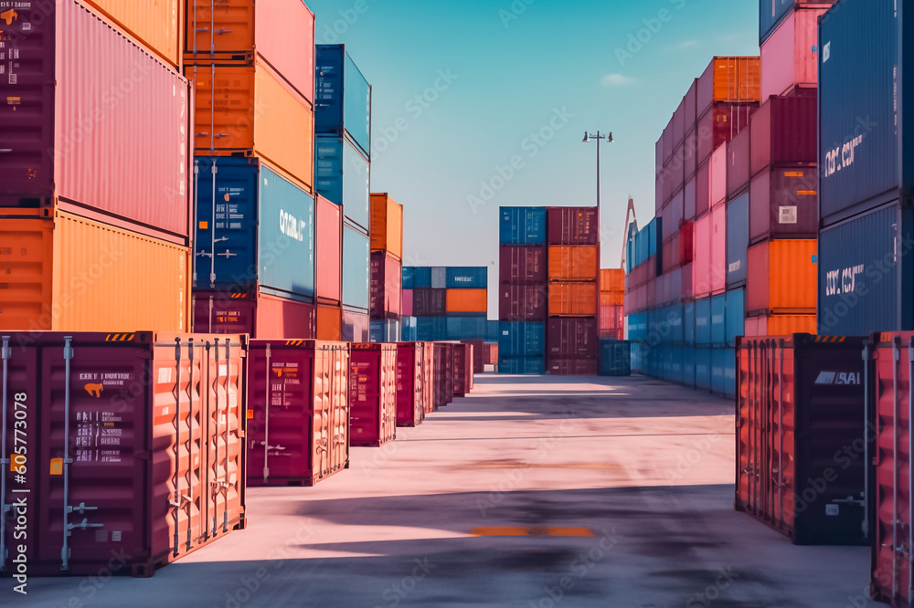 Fototapeta premium massive container ships lined up at an industrial port, their decks filled with neatly arranged cargo containers, representing the interconnectedness of global commerce. generative AI.