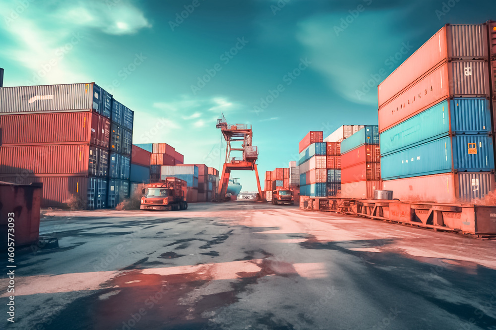 massive container ships lined up at an industrial port, their decks filled with neatly arranged cargo containers, representing the interconnectedness of global commerce. generative AI. - obrazy, fototapety, plakaty 