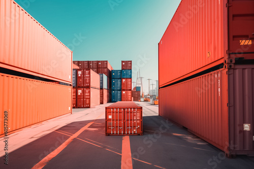massive container ships lined up at an industrial port, their decks filled with neatly arranged cargo containers, representing the interconnectedness of global commerce. generative AI.
