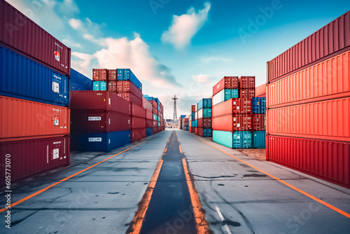 Wallpaper Mural massive container ships lined up at an industrial port, their decks filled with neatly arranged cargo containers, representing the interconnectedness of global commerce. generative AI. Torontodigital.ca