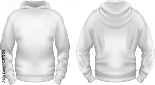 Blank white hoodie template. Front and back views. Vector illustration.