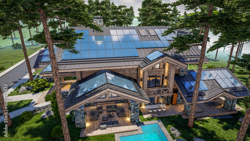 3d rendering of installation Solar panels on the roof of modern cozy chalet with pool and parking for sale or rent. Beautiful forest mountains on background