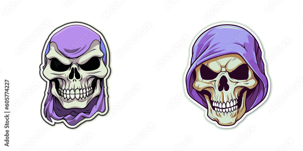 Skull in purple hood. Cartoon vector illustration.