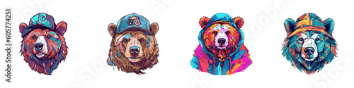 Colorful bear with a hood and a cap. Watercolor bear face logo set. Vector illustration.