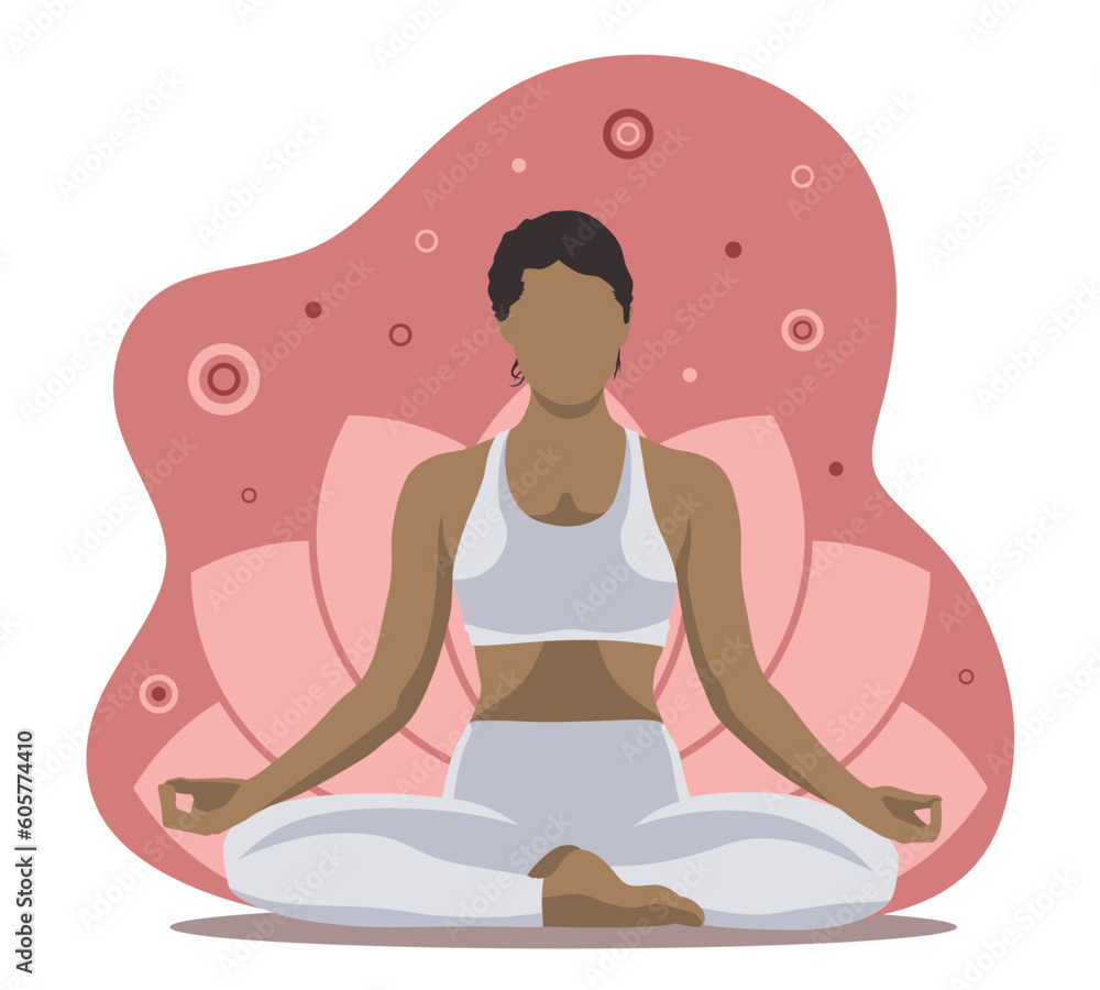 Black woman meditating in a lotus pose on a pink background