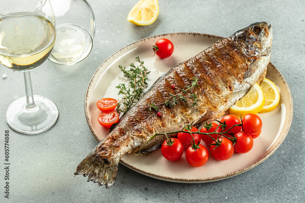 grilled trout fish, Restaurant menu, dieting, cookbook recipe top view grilled trout fish, Restaurant menu, dieting, cookbook recipe top view