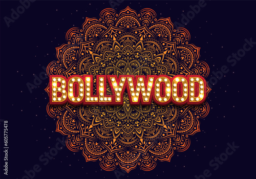 Bollywood indian cinema. Movie banner or poster with ornament. Vector illustration.
