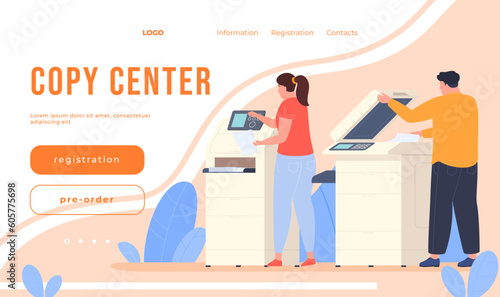 Download page. Workers with printing machines and copiers. Printing workers create advertising printed products. Vector illustration