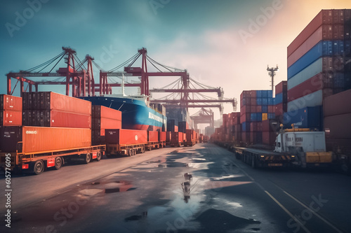 Container yard and pier with rows of containers and cranes near a large ship. generative AI.