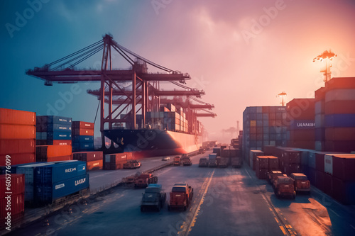 Container yard and pier with rows of containers and cranes near a large ship. generative AI.