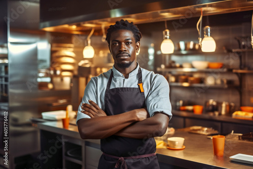 Portrait of young african american chef in brown apron standing at restaurant kitchen with crossed arms and lookingat camera. Close-up. Generative Ai content photo