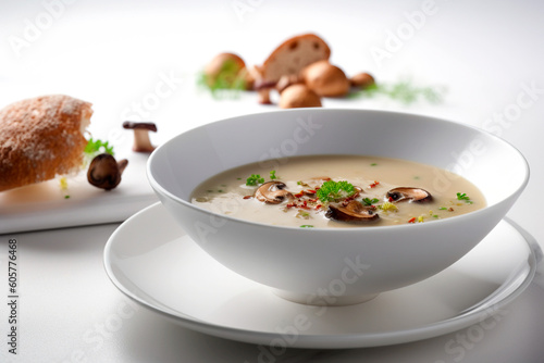 Mushroom soup with fresh mushrooms, autumn seasonal cream soup with vegetables. Generative A 