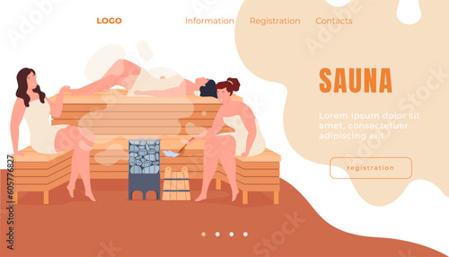 People steam and wash in the sauna. Rest and relaxation in the company of people in a hot and humid room. Vector illustration