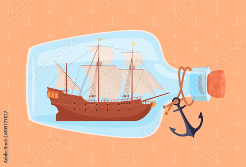 Vintage sailboats in a glass bottle. A miniature model of a sailing ship in a bottle is a gift souvenir. Vector illustration