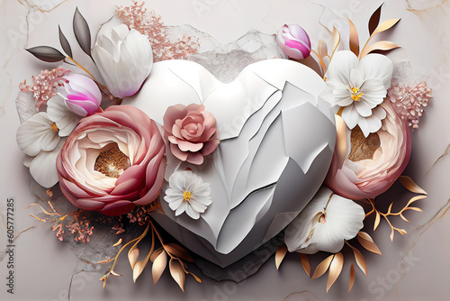 3D wallpaper amazing flower, heart with marble texture background. Generative Ai