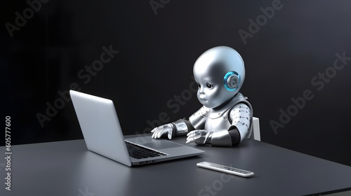 A cute baby cyborg hacker, sitting by the table with laptop, concept of hacking cybersecurity, cybercrime, cyberattack, Generative Ai