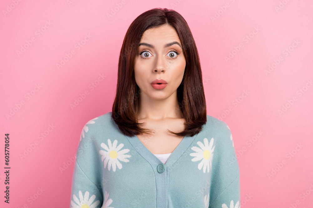 Photo of impressed funky lady wear turquoise clothes big eyes looking you isolated pink color background Photo of impressed funky lady wear turquoise clothes big eyes looking you isolated pink color background
