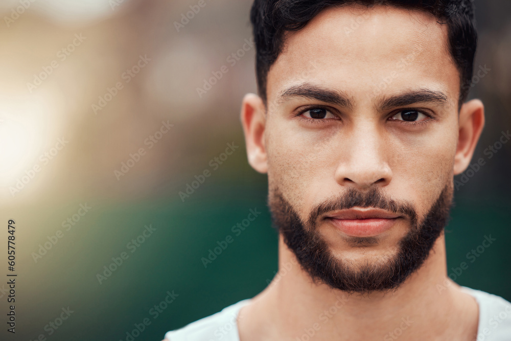 Obraz premium Sports, serious closeup and portrait of man with fitness mindset, confidence and focus with mockup space. Workout goals, pride and face of male athlete with motivation for health, wellness and zoom.