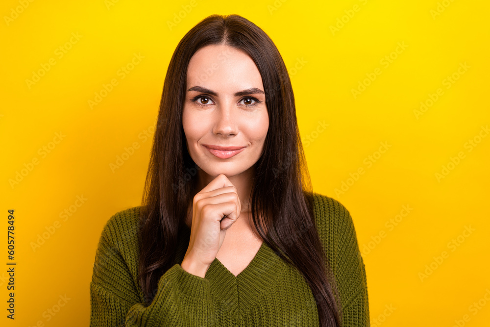 Photo of smart clever nice lady arm touch chin contemplate isolated on yellow color background Photo of smart clever nice lady arm touch chin contemplate isolated on yellow color background