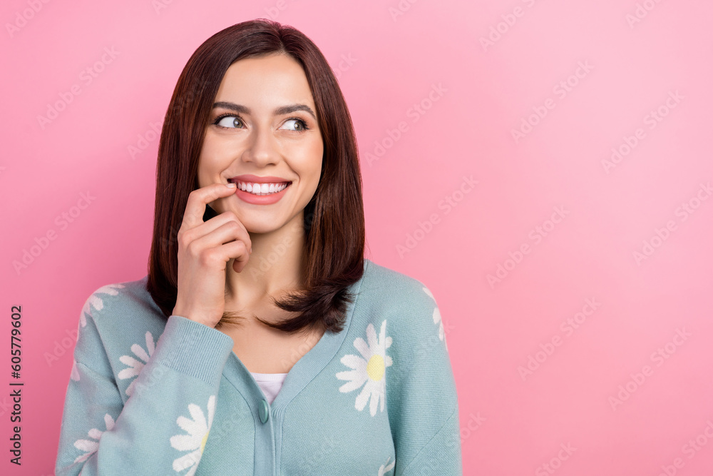 Photo of tricky cunning lady wear turquoise clothes finger mouth looking empty space isolated pink color background Photo of tricky cunning lady wear turquoise clothes finger mouth looking empty space isolated pink color background