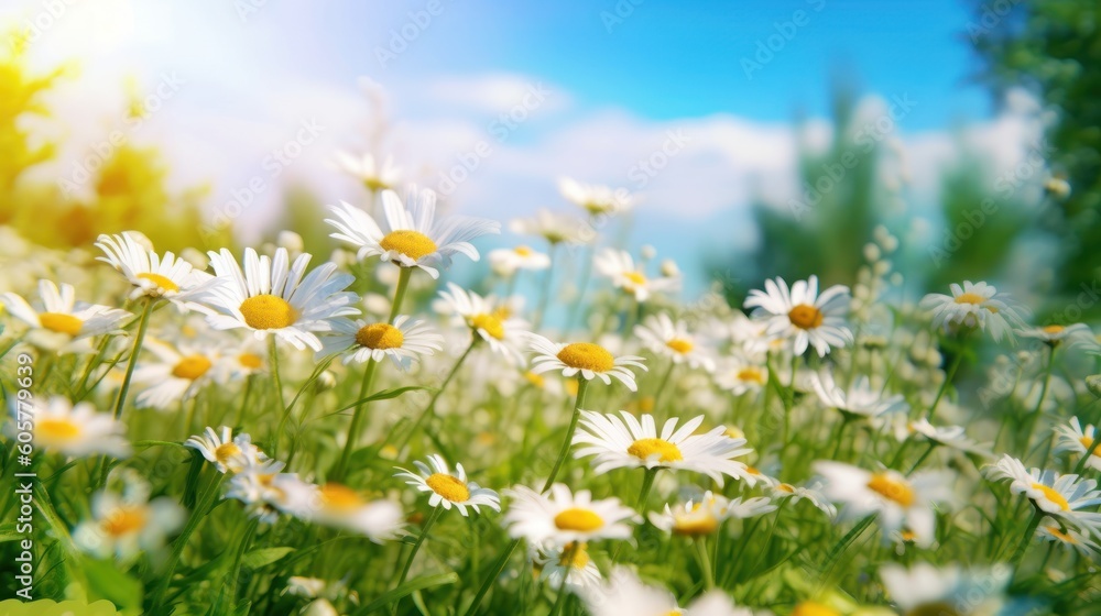Beautiful blurred spring floral background nature with blooming glade of daisies and blue sky on sunny day