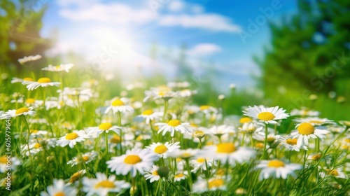 Beautiful blurred spring floral background nature with blooming glade of daisies and blue sky on sunny day
