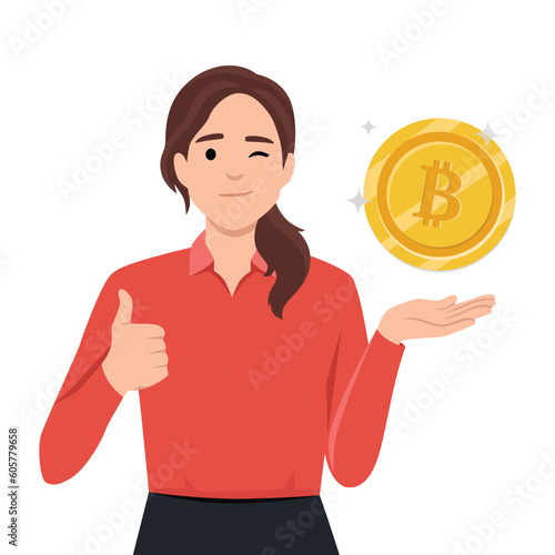 Businesswoman leaning to big bitcoin and showing thumb up gesture. Electronic currency concept. Flat vector illustration isolated on white background