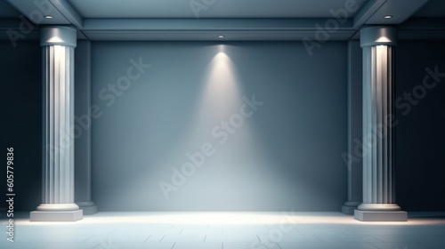 Beautiful gray-blue empty wall with columns with lateral lighting. Minimalistic background for product presentation